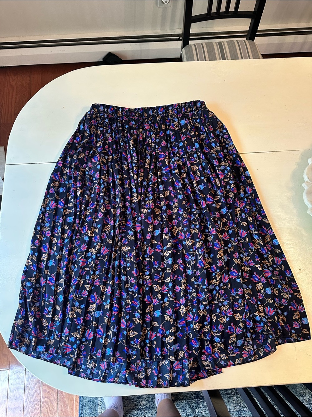 Banana Republic Black Floral Pleated Midi Skirt with Blue and Purple Accents